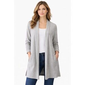 Eileen Fisher Gray Size M Open Front Cardigan Orgsnic Cotton Linen Long Sleeve